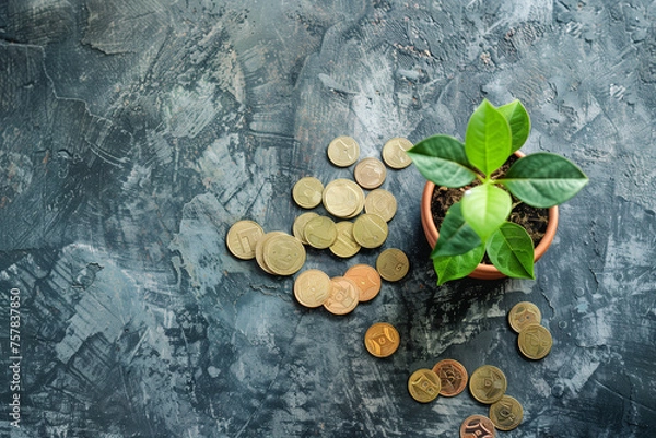 Fototapeta Small plant growing on the black surface and coins, green economic and financial sustainable development concept by generative AI.