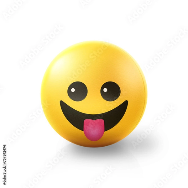 Fototapeta Tongue out happy Emoji stress ball on shiny floor. 3D emoticon isolated.