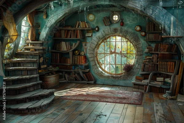 Obraz Ancient building with cylindrical shape, conical roof, and round windows that give off a warm glow