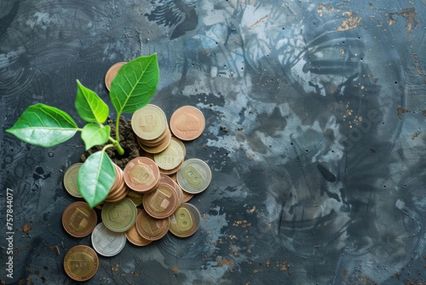 Fototapeta Small plant growing on the black stone surface and coins, green economic and financial sustainable development concept by generative AI.