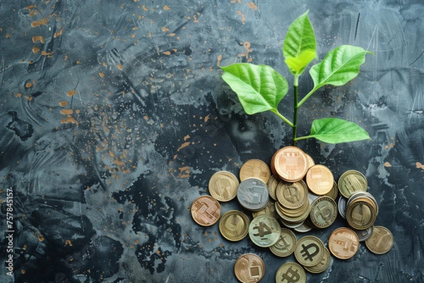 Fototapeta Small plant growing on the black stone surface and coins, economic and green business and financial growth concept by generative AI.