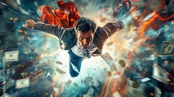 Fototapeta a man in a business suit soaring with superhero speed amongst a flurry of financial currency.