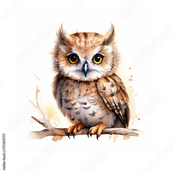 Obraz Watercolor owl isolated on white background. Hand-drawn illustration. Owl isolated on white background. 