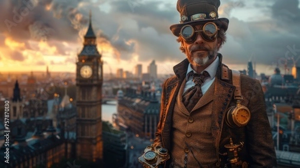Fototapeta A time traveller man  in a mystical urban twilight setting.