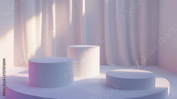 Fototapeta Abstract minimalistic podiums with soft lighting. The composition is a 3D rendering of three round pedestal display stands placed on the floor, with soft light creating gentle shadows and highlights i