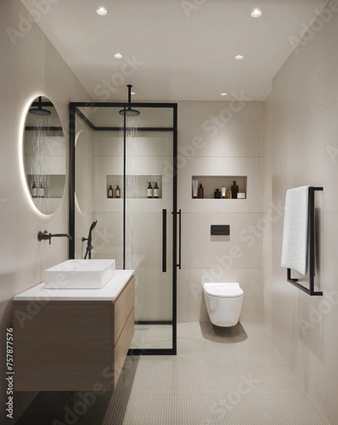Fototapeta 3d rendering of a minimal beige bathroom with a shower a toilet and black accessories