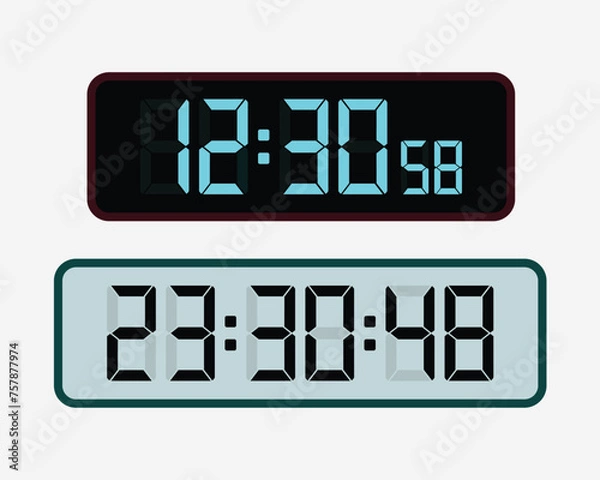 Fototapeta Black and gray background, blue and black clock digits. Blue and black digits and numbers set. Change numbers with bright illuminated led.