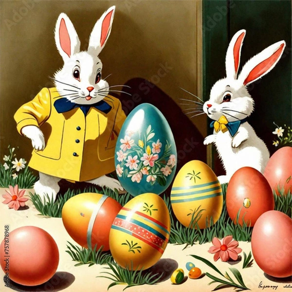 Fototapeta Rabbit and Easter eggs with drawings inspired by the 50s