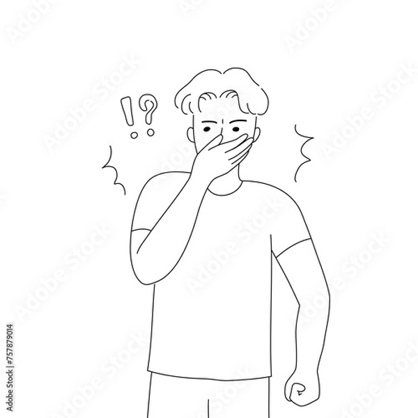 Fototapeta Isolated of a man doing hand covers the mouth and nose gesture line hand drawing vector.