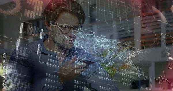 Fototapeta Image of interface with data processing over caucasian man talking on smartphone outdoors