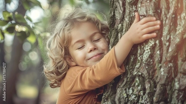 Obraz A young child with a joyful expression embraces the trunk of a large tree in a lush forest, symbolizing a connection with nature and environmental awareness.