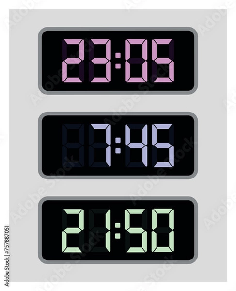 Fototapeta Black and gray background, blue and black clock digits. Blue and black digits and numbers set. Change numbers with bright illuminated led.