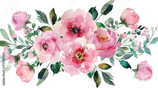 Fototapeta Arrangement of pink watercolor flower for greeting and wedding car,generative ai, 