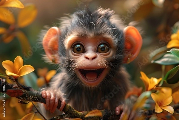 Obraz Cute Baby Cartoon Monkey Ape Generative AI
