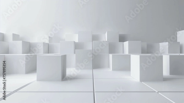 Fototapeta Minimalist white cube blocks background with ample space 