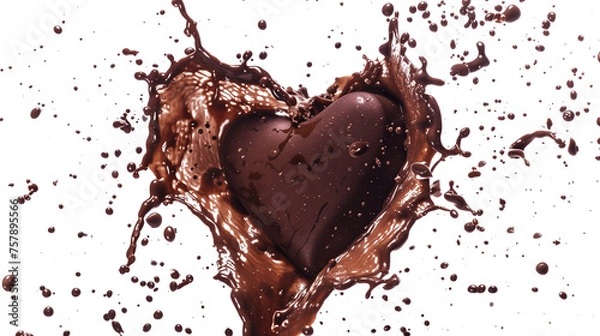 Fototapeta heart shaped chocolate in liquid chocolate splash isolated on transparent background, chocolate explosion cutout 
