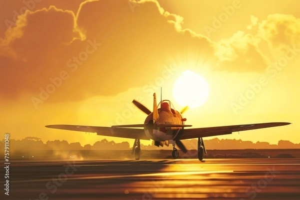 Obraz A fighter plane soaring through a fiery sunset