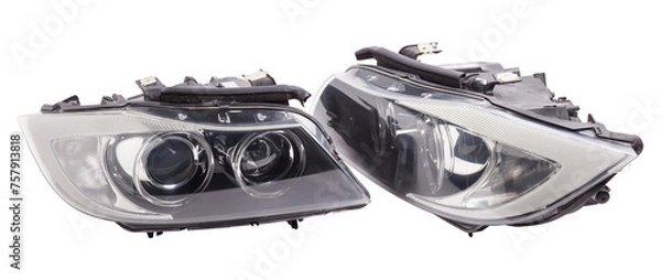 Fototapeta Stylish xenon headlight of a German car - optical equipment with a lamp inside on a white isolated background. Spare part for auto repair in a car workshop.