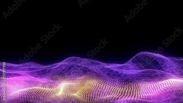 Fototapeta Futuristic technology double wave. Digital cyberspace. Abstract wave with moving particles on background. Big data analytics. 3d rendering.