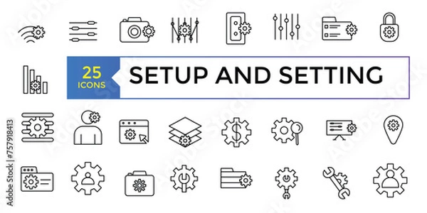 Fototapeta Setup and setting set, Gear Related Vector Line Icons. Contains such Icons as Engineering, Process, Settings and more. Vector illustration