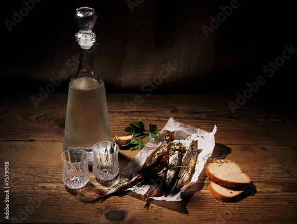 Fototapeta Two glass for vodka with dried capelin and bread