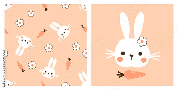 Fototapeta Seamless pattern with bunny rabbit cartoons, cute flower and carrot on orange background. Rabbit face icon sign vector.