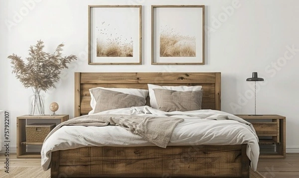 Obraz Wooden bed with pillows and bedside coffee table against white wall with poster frame nature view them. 