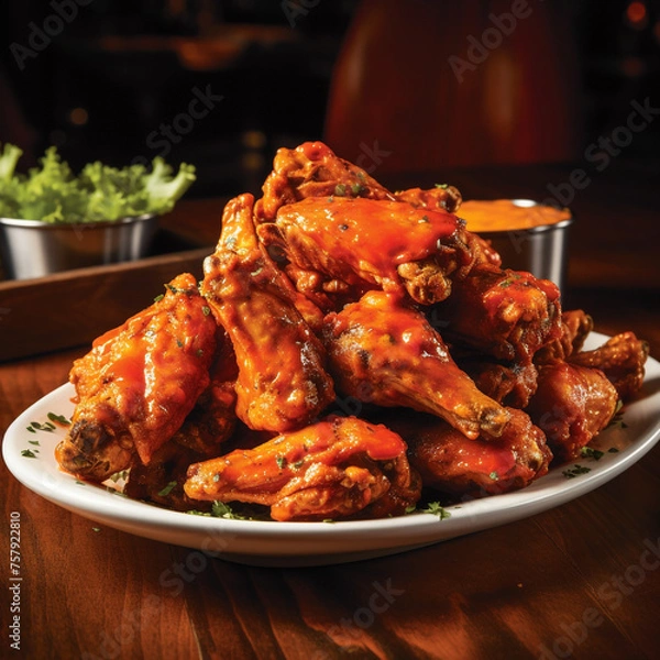 Fototapeta a plate of cooked hot wings with sauce created with Generative Ai