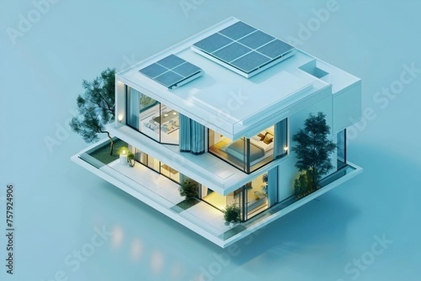 Obraz Modern House with Solar Panels over Blue Ocean in Isometric View