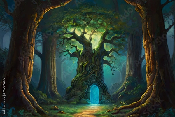 Fototapeta Ancient tree painting. Glowing doorway in trunk leads to luminous, enchanted realm. Surreal and mystical artwork