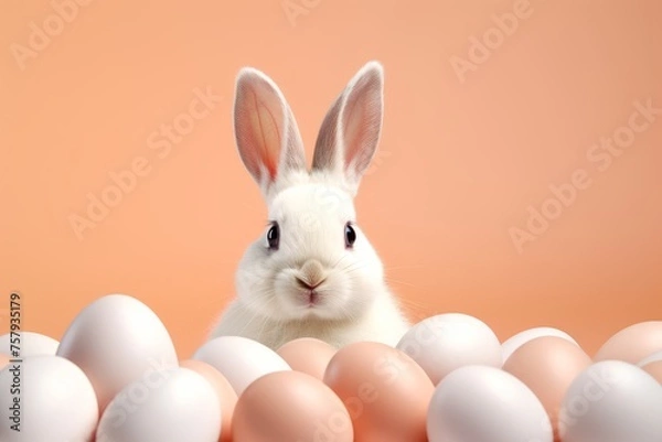 Fototapeta Easter bunny with eggs on a peach background. Easter Postcard. Peach Fuzz Color of the Year 2024