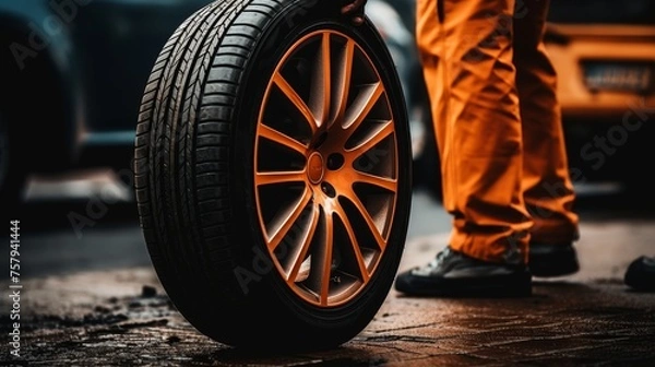 Fototapeta Experienced mechanic replacing car tires as part of regular maintenance and service