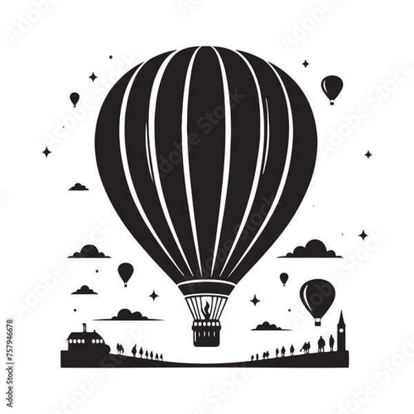 Obraz Hot Air Balloon Vector Silhouette: A Whimsical Silhouette Capturing the Freedom of Hot Air Balloons in Vector Form. Hot Air Balloon Black Illustration.