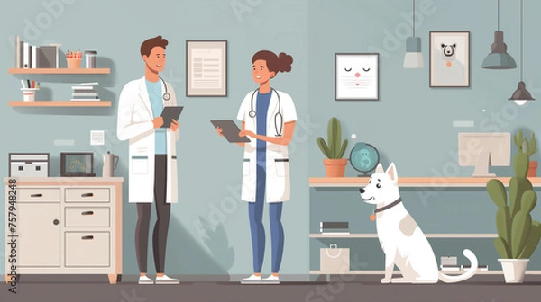 Fototapeta Couple Standing in Room With Dog. Generative AI