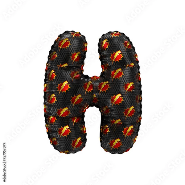 Fototapeta 3D inflated balloon letter H with red & yellow power lightning comic hero pattern black surface