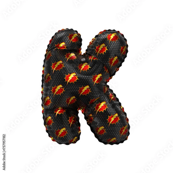 Fototapeta 3D inflated balloon letter K with red & yellow power lightning comic hero pattern black surface