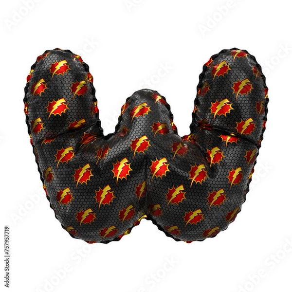 Fototapeta 3D inflated balloon letter W with red & yellow power lightning comic hero pattern black surface
