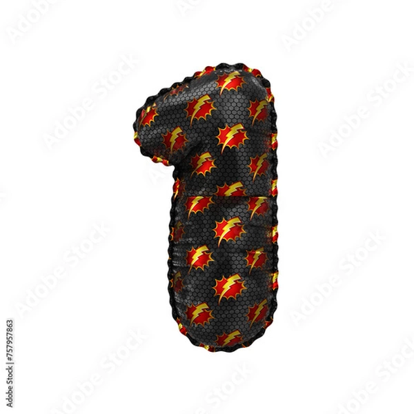 Fototapeta 3D inflated balloon Number 1 with red & yellow power lightning comic hero pattern black surface