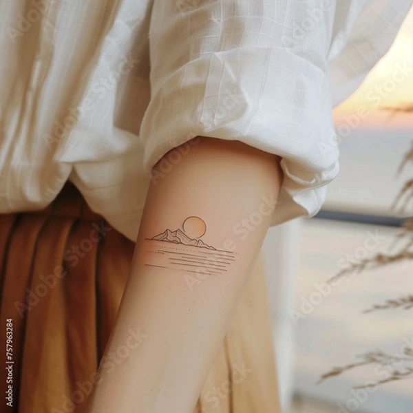Fototapeta woman with an arm tattoo of minimalist lines