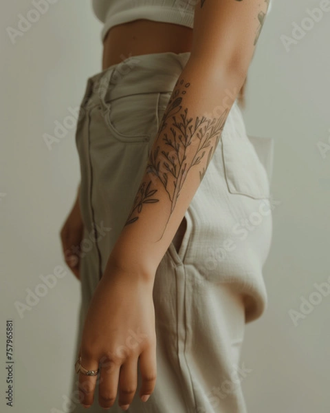 Fototapeta woman with an arm tattoo of minimalist lines