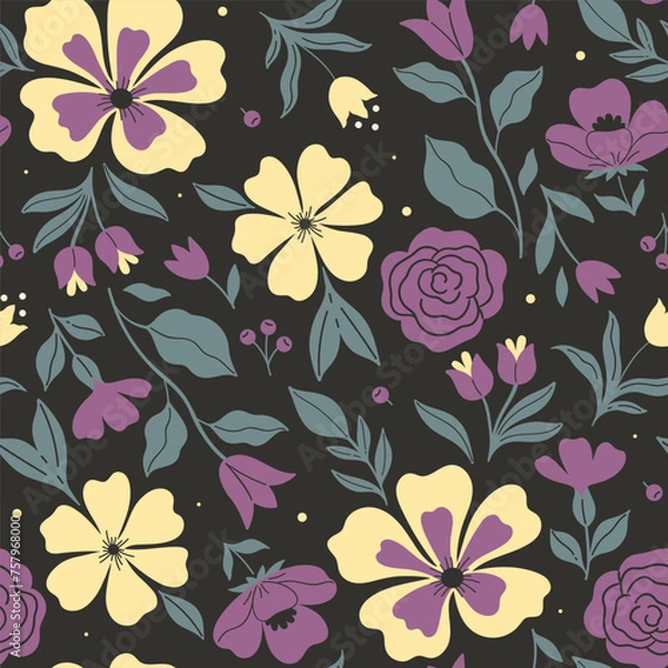 Fototapeta Seamless pattern with purple and yellow flowers on a black background. Vector graphics.
