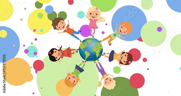 Obraz Image of diverse children and globe icon on white background