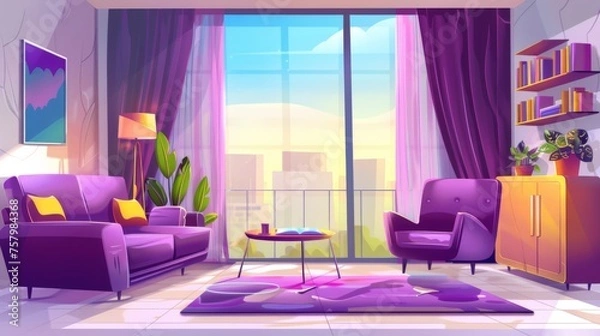 Fototapeta Modern cartoon illustration showing an empty lounge interior with sofa, chair, cabinet, books on table, and panoramic window.