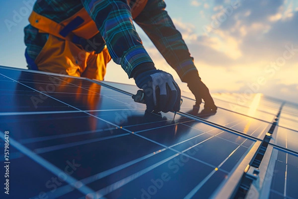 Obraz A close-up of a determined worker carefully installing solar cell panel on roof