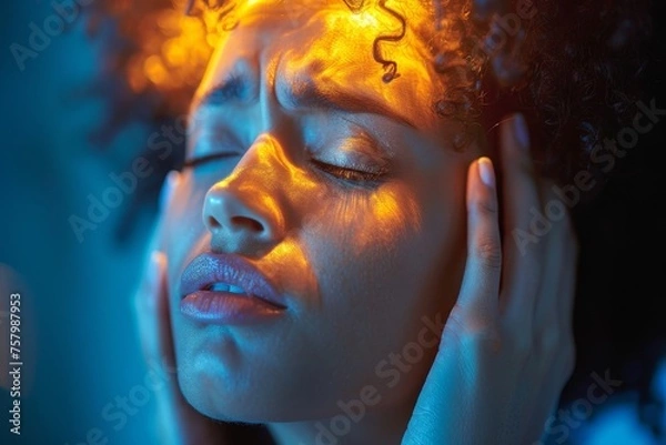 Obraz A person's profile is illuminated by the intense glow of fire, capturing the feeling of warmth and drama