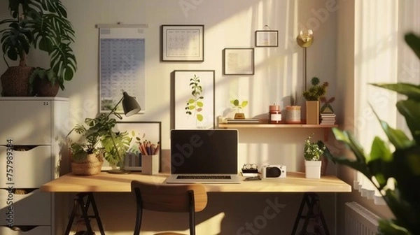 Fototapeta Minimalist home office with a desk, laptop, plants, and motivational posters.