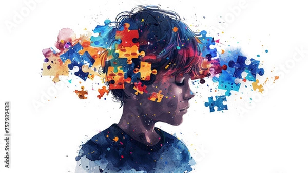 Fototapeta World autism awareness day card or banner, autistic kid with colorful puzzle illustration, a child with autism, Can be used for banners, backgrounds, badge, icon, medical posters, brochures, print