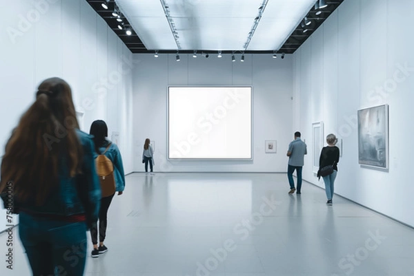 Fototapeta people walking in the art gallery, empty frame on the wall.
