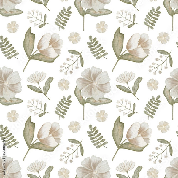 Obraz Floral watercolor seamless pattern on a white background. Hand drawn print design
