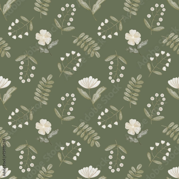 Obraz Watercolor rustic floral seamless pattern on an olive background. Hand drawn wallpaper, print design.